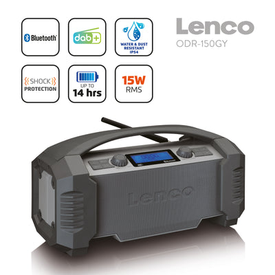 Lenco ODR-150GY - Radio chantier DAB+/FM avec Bluetooth®, étanche à l'eau et à la poussière IP54 - Gris