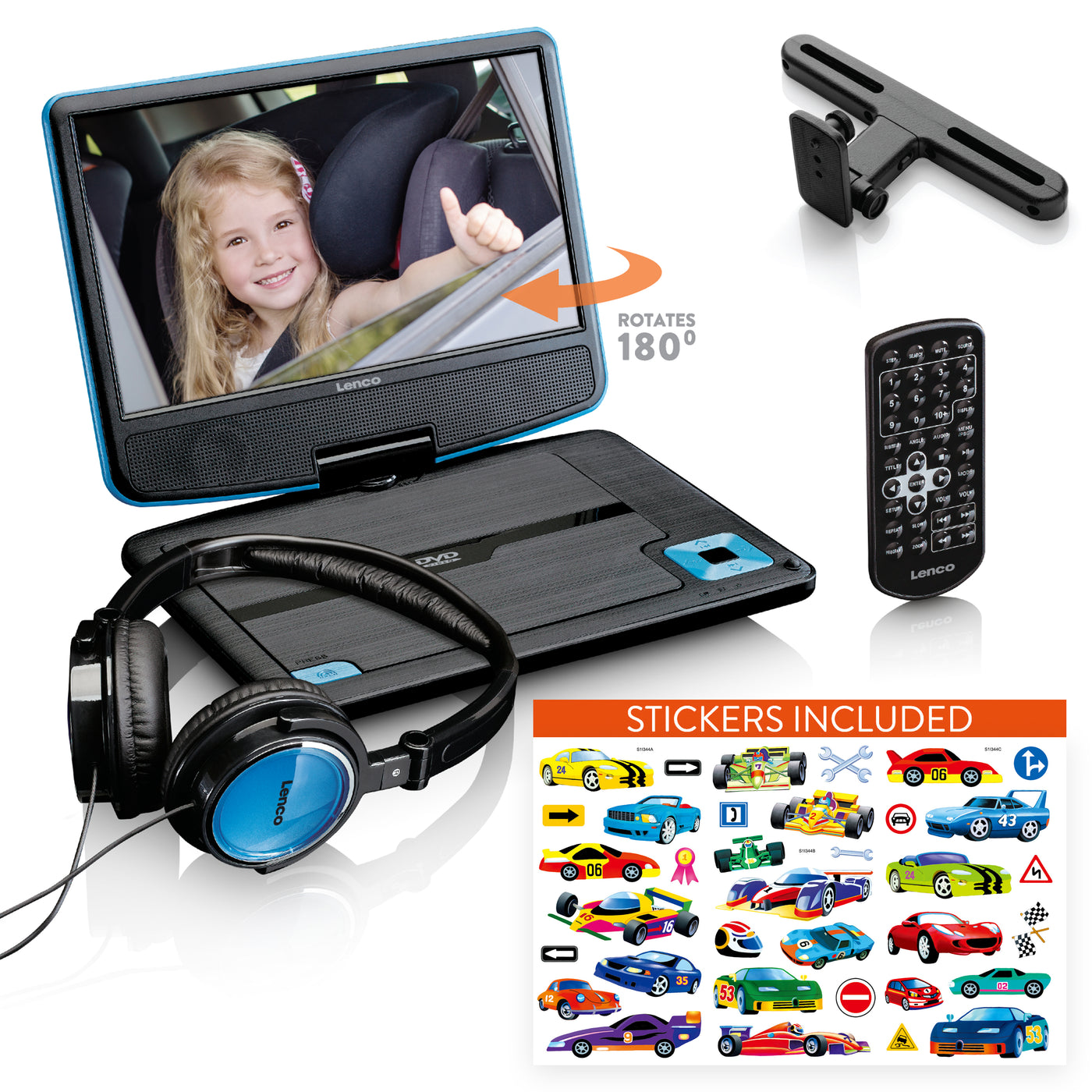 Lenco DVP-920BU - Lecteur DVD portable de 9 pouces avec casque, port USB et dispositif de suspension - Bleu/Noir