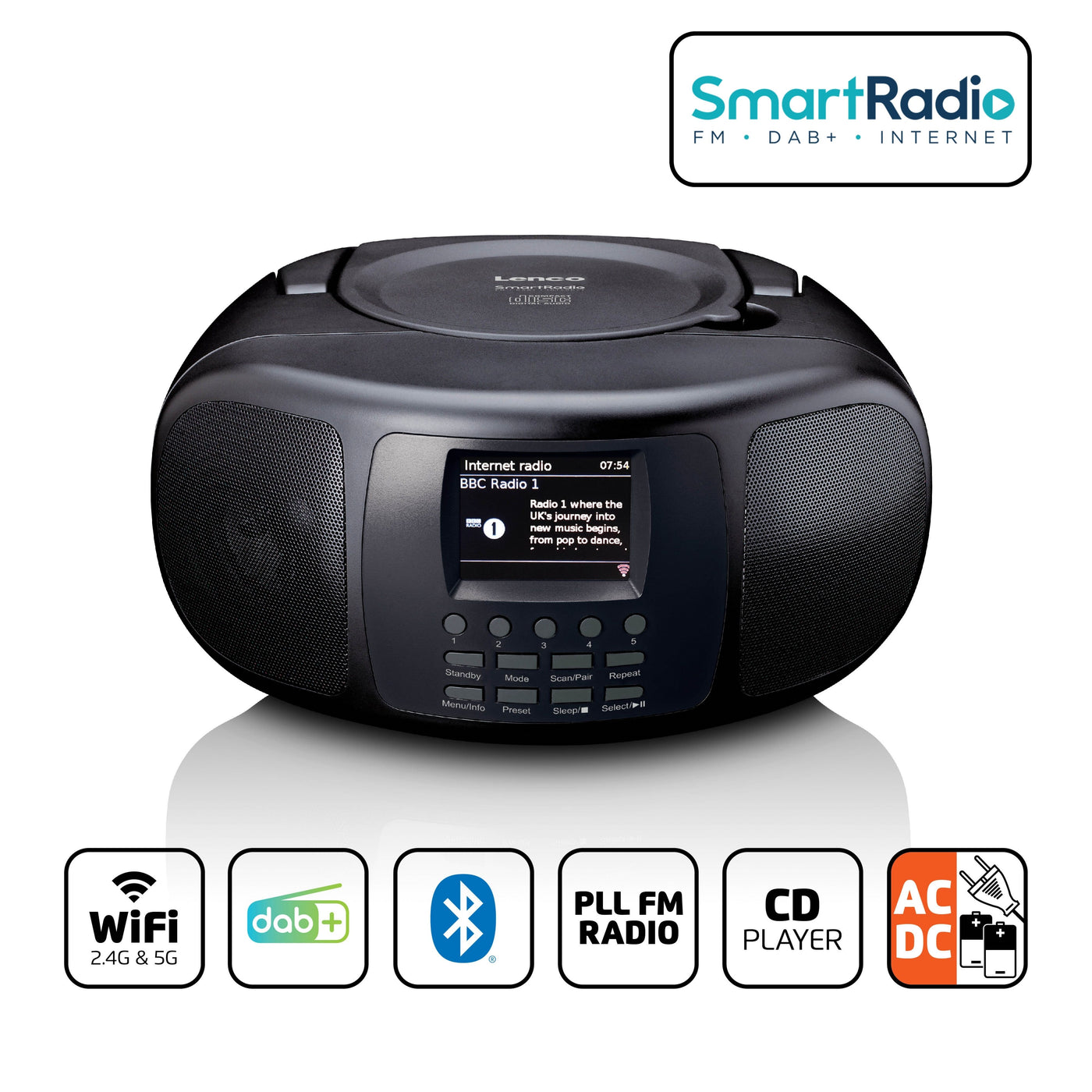 Lenco SCD-6000BK - Radio Internet portable avec DAB+/FM, Bluetooth®, lecteur CD et grand écran LCD couleur - Noir