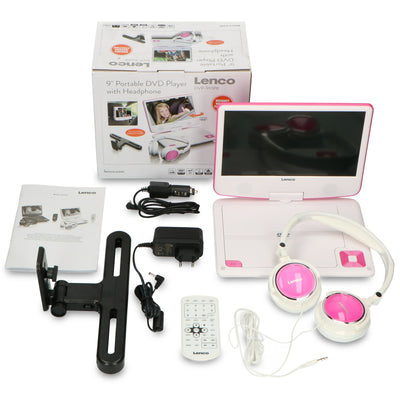 Lenco DVP-910PK - Lecteur DVD portable de 9 pouces avec casque, port USB et dispositif de suspension - Rose/blanc