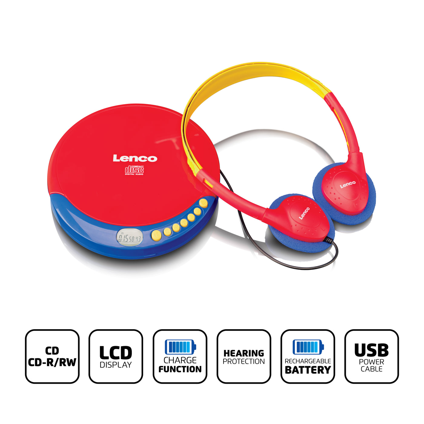 Lenco CD-021KIDS - Lecteur CD portable pour enfants avec casque, piles rechargeables et limiteur de son intégré - Multicolore