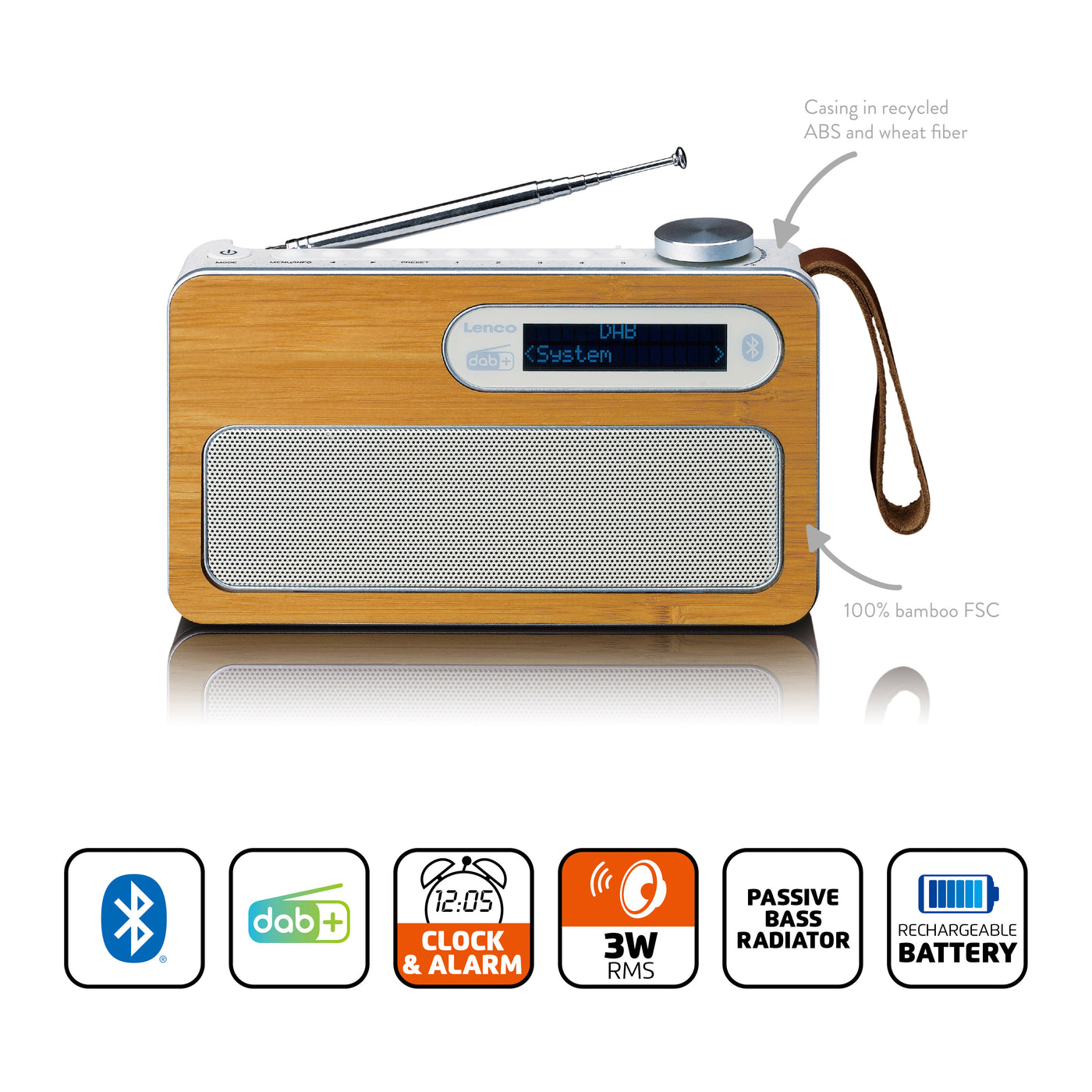 Lenco PDR-040EF - Radio DAB+/FM portable avec batterie rechargeable et Bluetooth® - Bambou