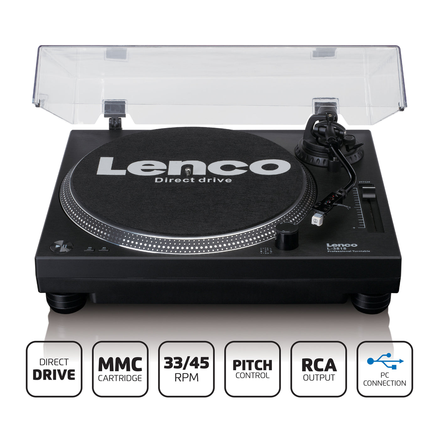 Lenco L-3818BK - Tourne-disque à entraînement direct avec encodage USB/PC - Noir