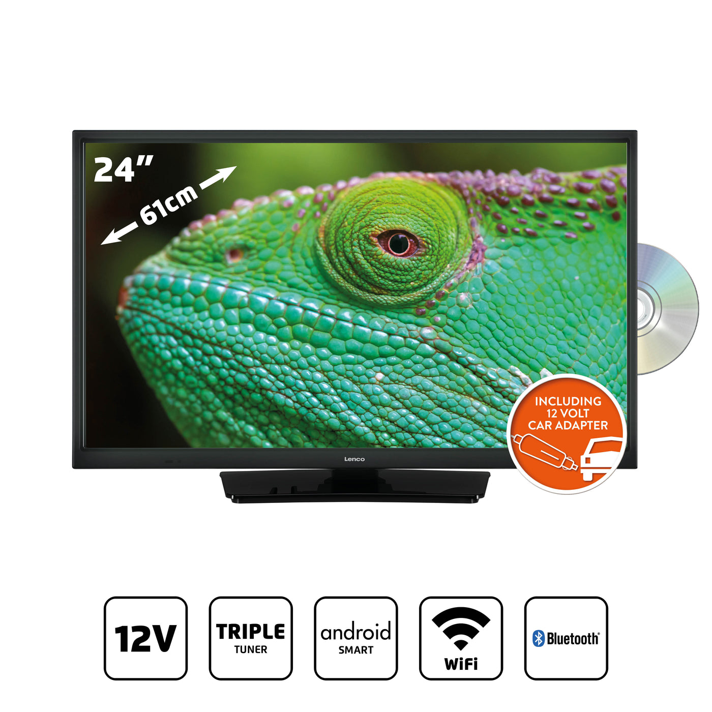 Lenco LED-2463BK (V2) - 24" Smart TV Android avec adaptateur voiture 12 V, noir
