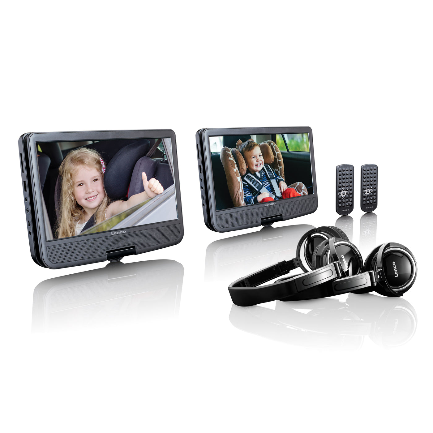 Lenco DVP-1046BK - Deux lecteurs DVD portables de 10 pouces avec batterie rechargeable, deux casques et deux supports de montage pour la voiture - Noir