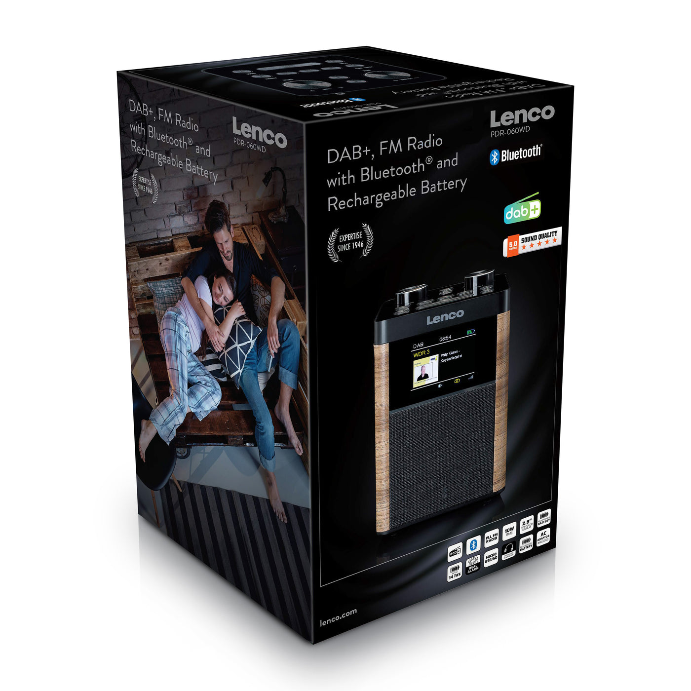 Lenco PDR-060WD - Radio portable DAB+/FM Bluetooth, haut-parleur 10W, batterie 14H - Noir