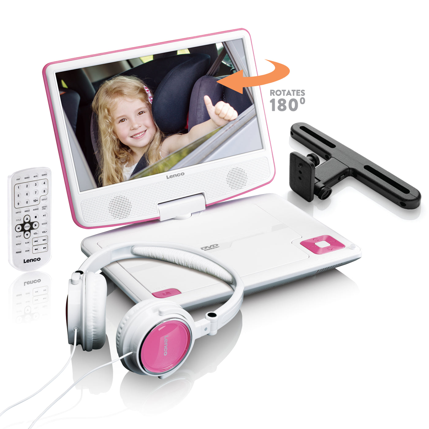 Lenco DVP-910PK - Lecteur DVD portable de 9 pouces avec casque, port USB et dispositif de suspension - Rose/blanc