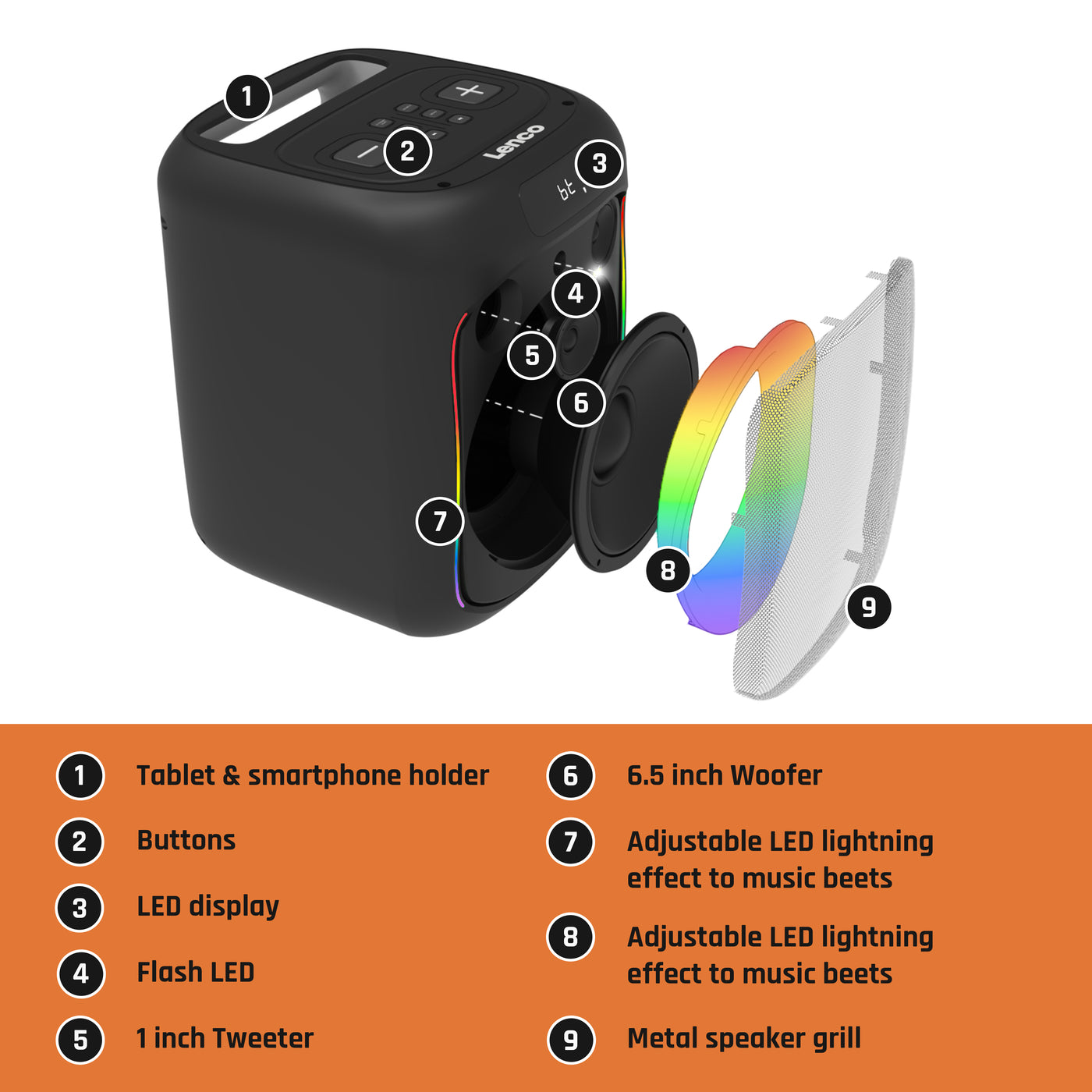 Lenco PA-100BK - Enceinte Bluetooth® avec effets lumineux LED - 100W RMS, USB, autonomie de batterie de 14 heures - Noir