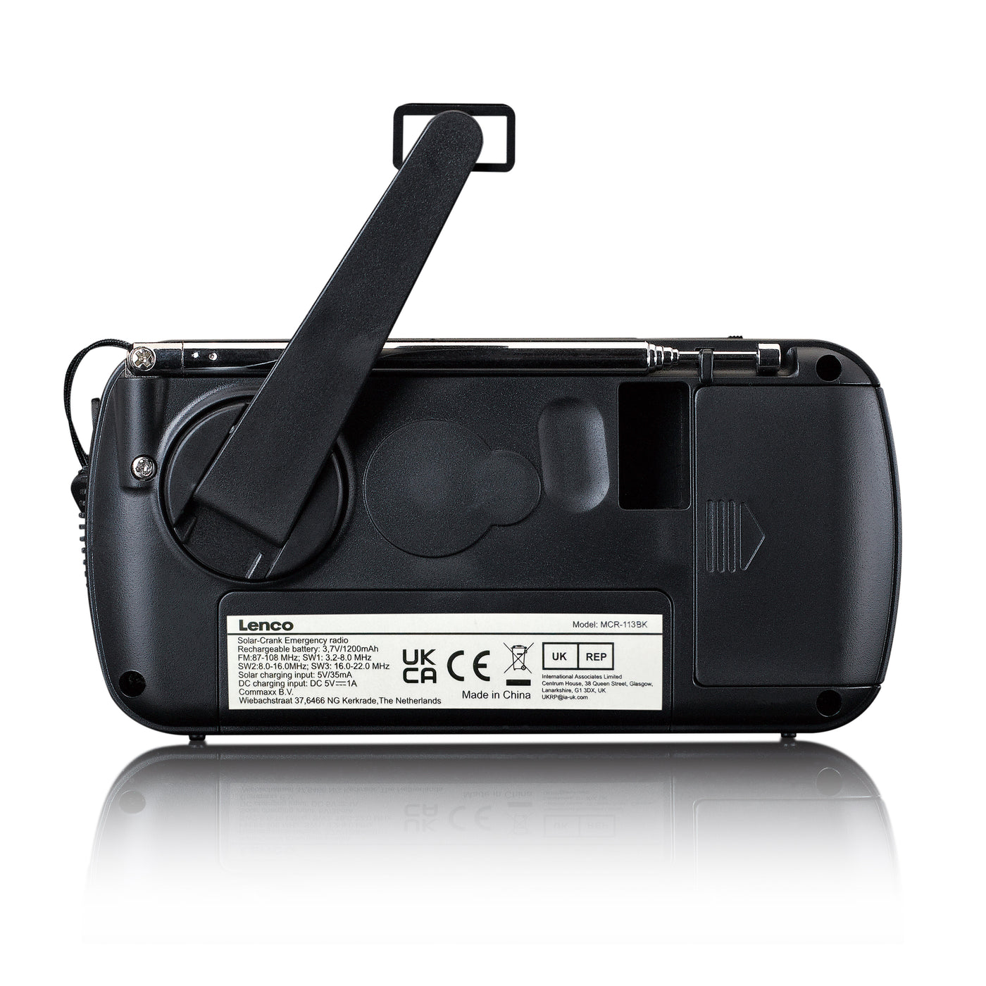 Lenco MCR-113BK - Radio d'urgence portable à manivelle, lampe de poche et banque d'alimentation en un seul appareil - Noir