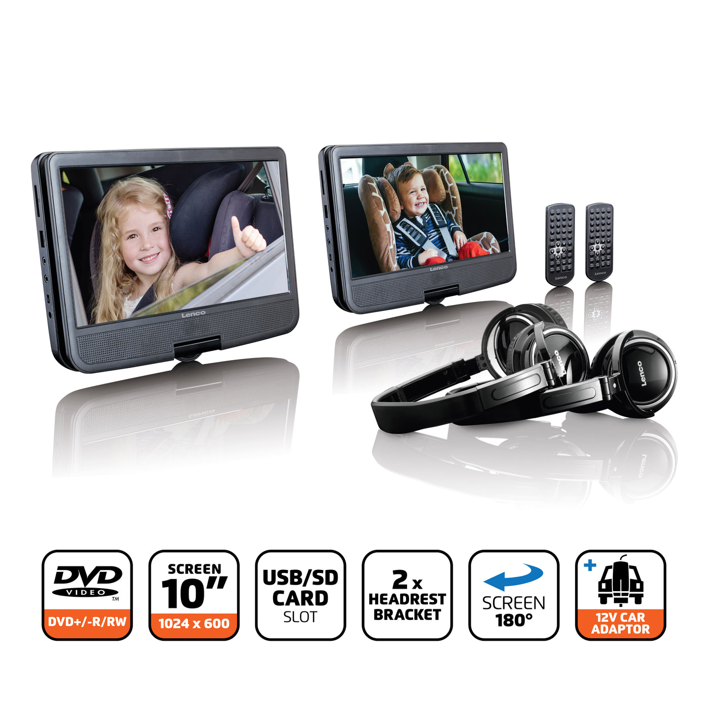 Lenco DVP-1046BK - Deux lecteurs DVD portables de 10 pouces avec batterie rechargeable, deux casques et deux supports de montage pour la voiture - Noir