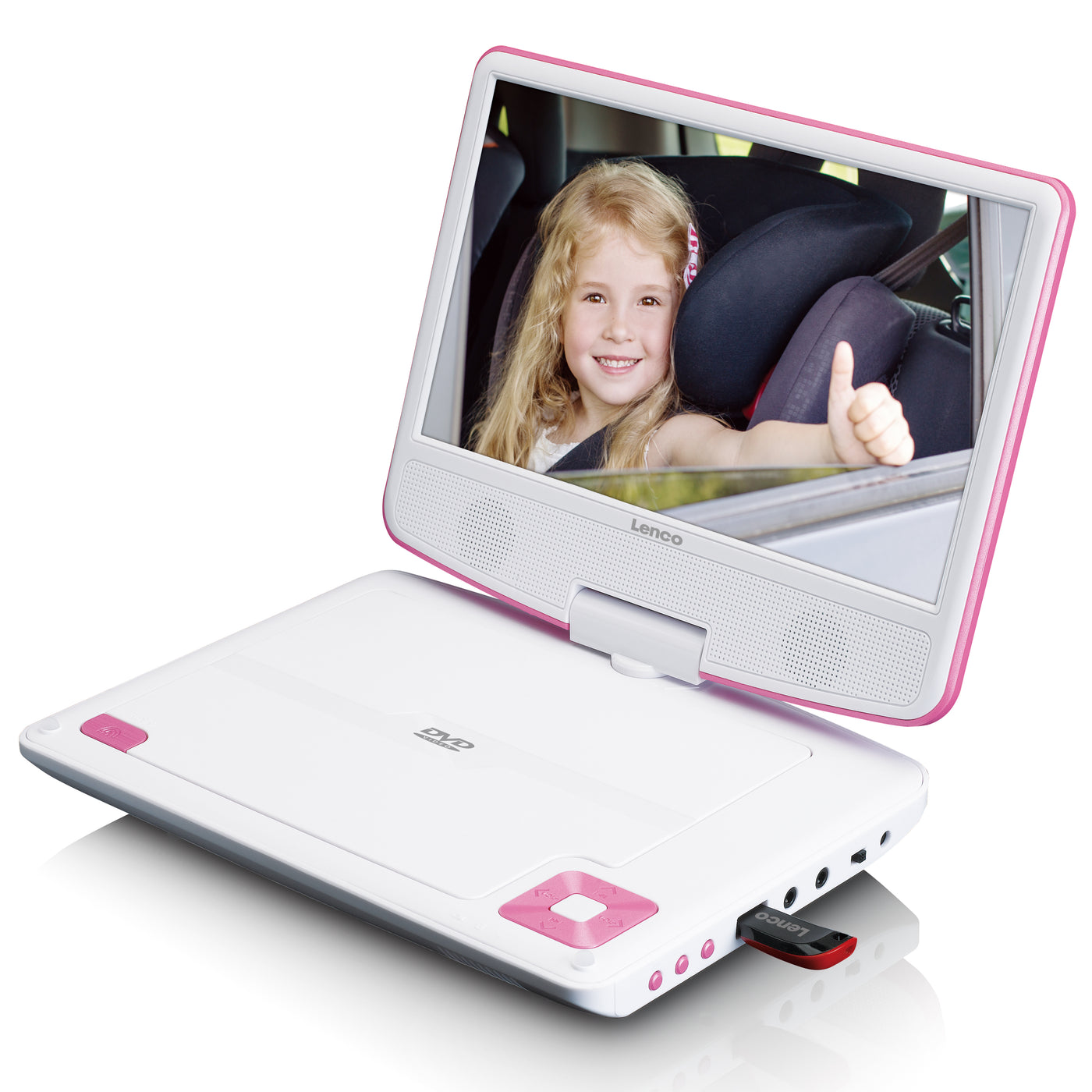 Lenco DVP-910PK - Lecteur DVD portable de 9 pouces avec casque, port USB et dispositif de suspension - Rose/blanc