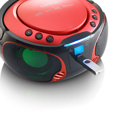 Lenco SCD-550RD - Radio FM et lecteur CD/MP3/USB/Bluetooth® portable avec éclairage LED - Rouge