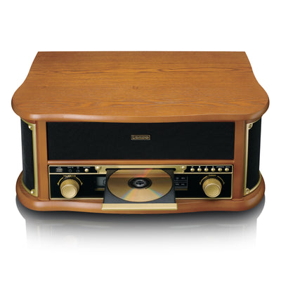 Classic Phono TCD-2551WD - Platine vinyle rétro en bois avec Bluetooth®, radio AM/FM, encodage USB, lecteur CD, lecteur de cassette et haut-parleurs intégrés - Bois