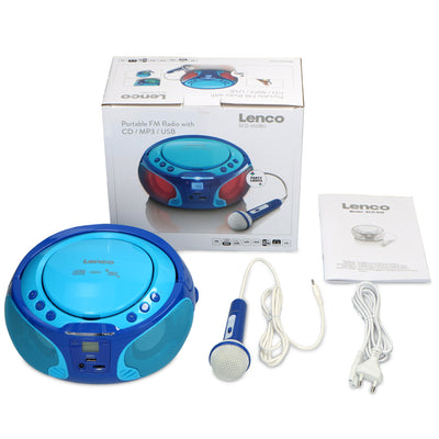Lenco SCD-650BU - Radio FM et lecteur CD/MP3/USB portable avec microphone et effets lumineux - Bleu