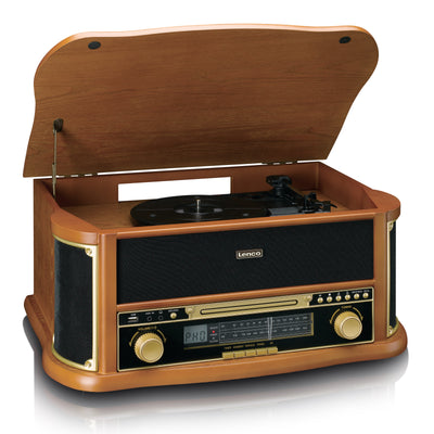 Classic Phono TCD-2551WD - Platine vinyle rétro en bois avec Bluetooth®, radio AM/FM, encodage USB, lecteur CD, lecteur de cassette et haut-parleurs intégrés - Bois