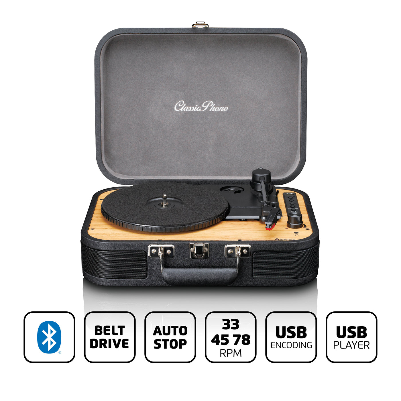 Classic Phono TT-116BK - Platine vinyle rétro Bluetooth® avec haut-parleurs intégrés - Noir