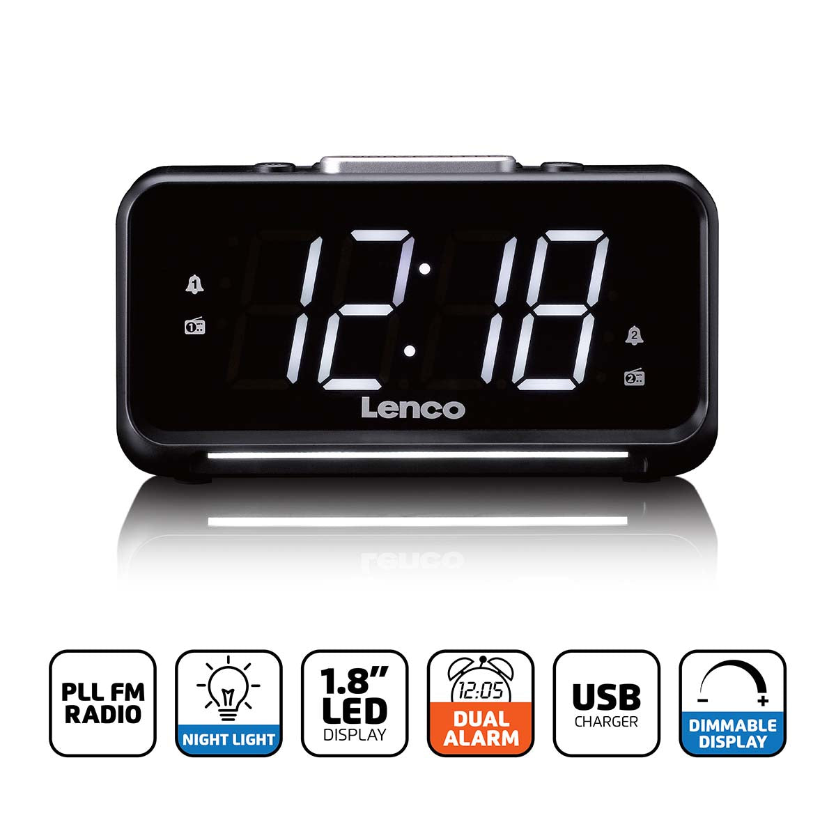 Lenco CR-28BK - Radio-réveil avec variateur manuel, veilleuse et écran LED lumineux - Noir