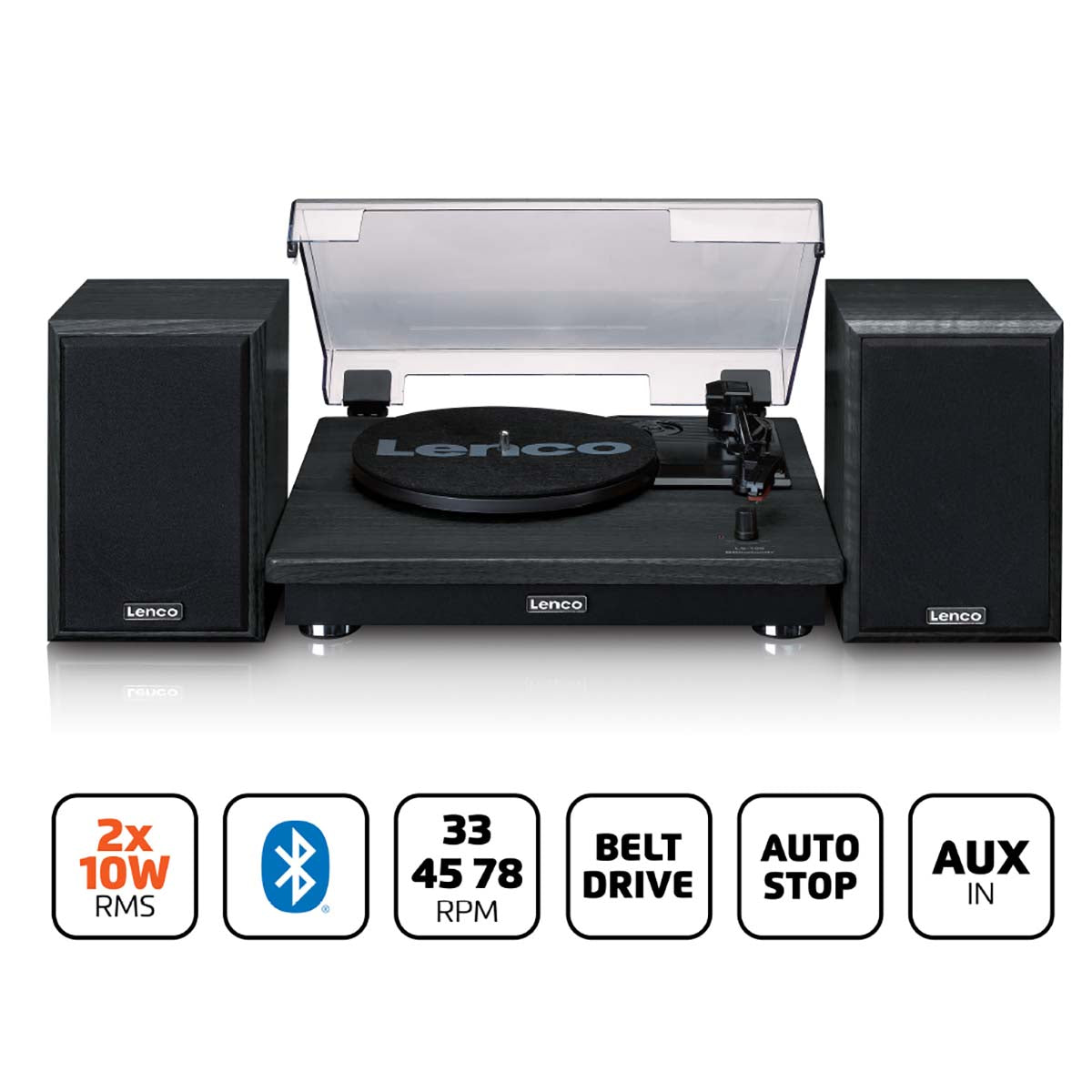 Lenco LS-100BK - Platine vinyle avec réception Bluetooth® et deux enceintes externes - Noir