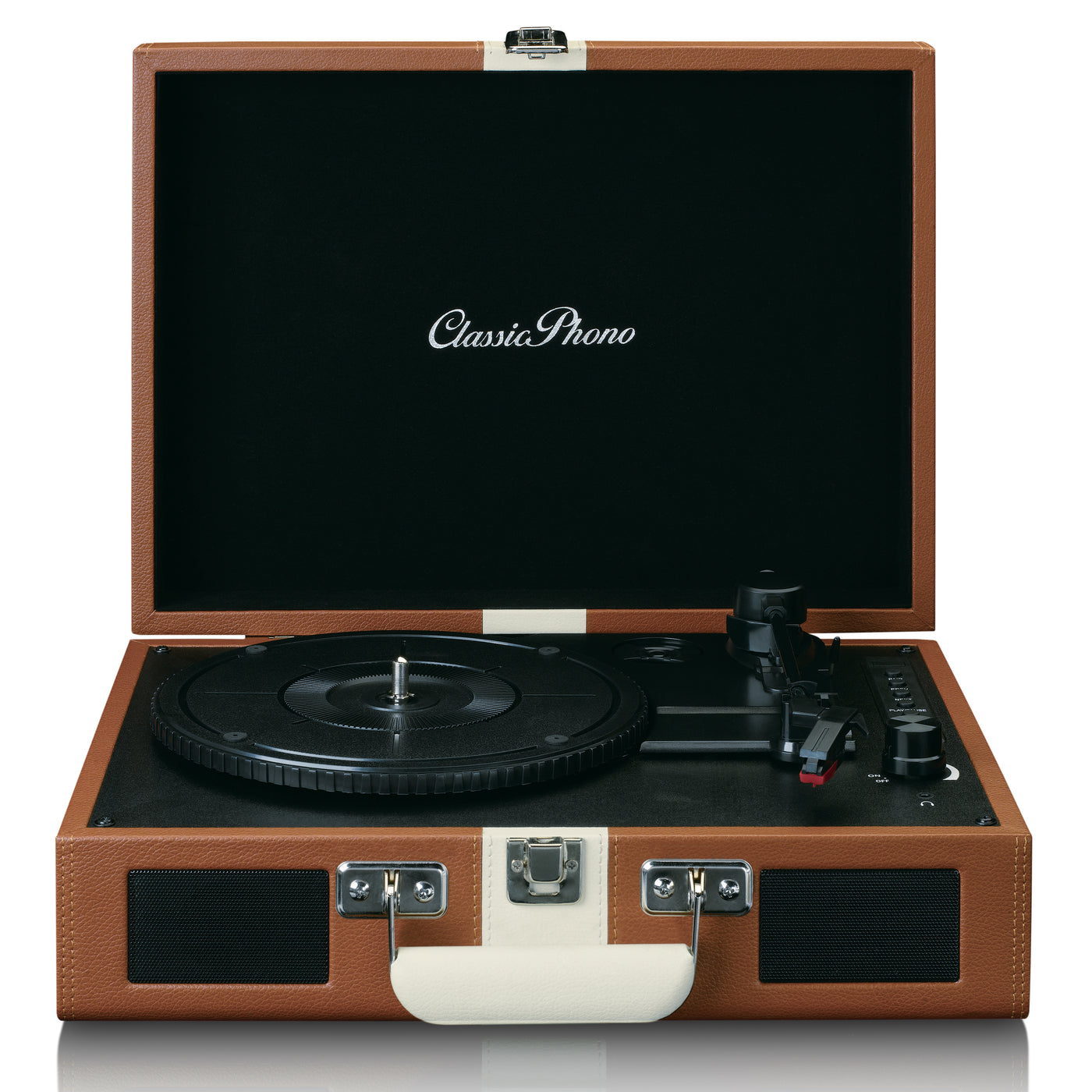 Classic Phono TT-120BNWH - Platine vinyle avec Bluetooth®, haut-parleurs intégrés et batterie rechargeable intégrée - Marron/Blanc