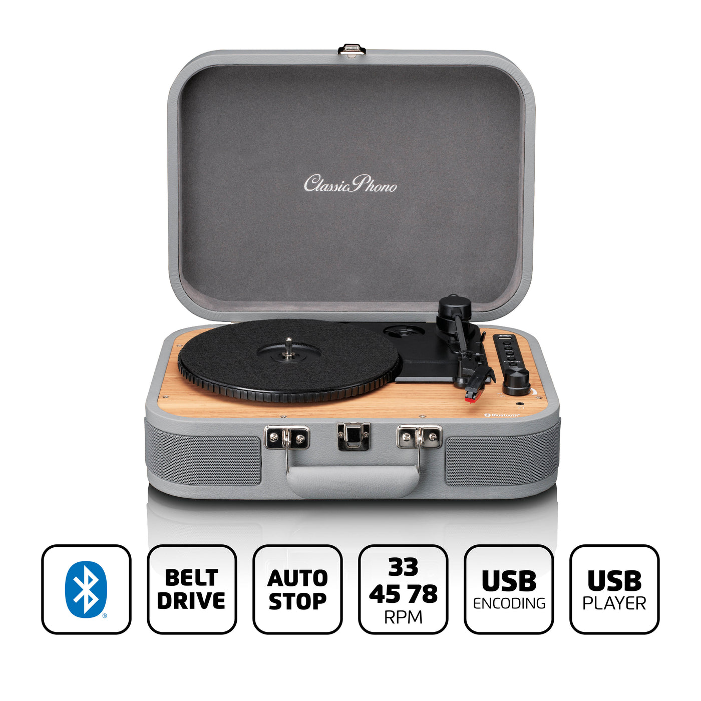 Classic Phono TT-116GY - Platine vinyle rétro Bluetooth® avec haut-parleurs intégrés - Gris