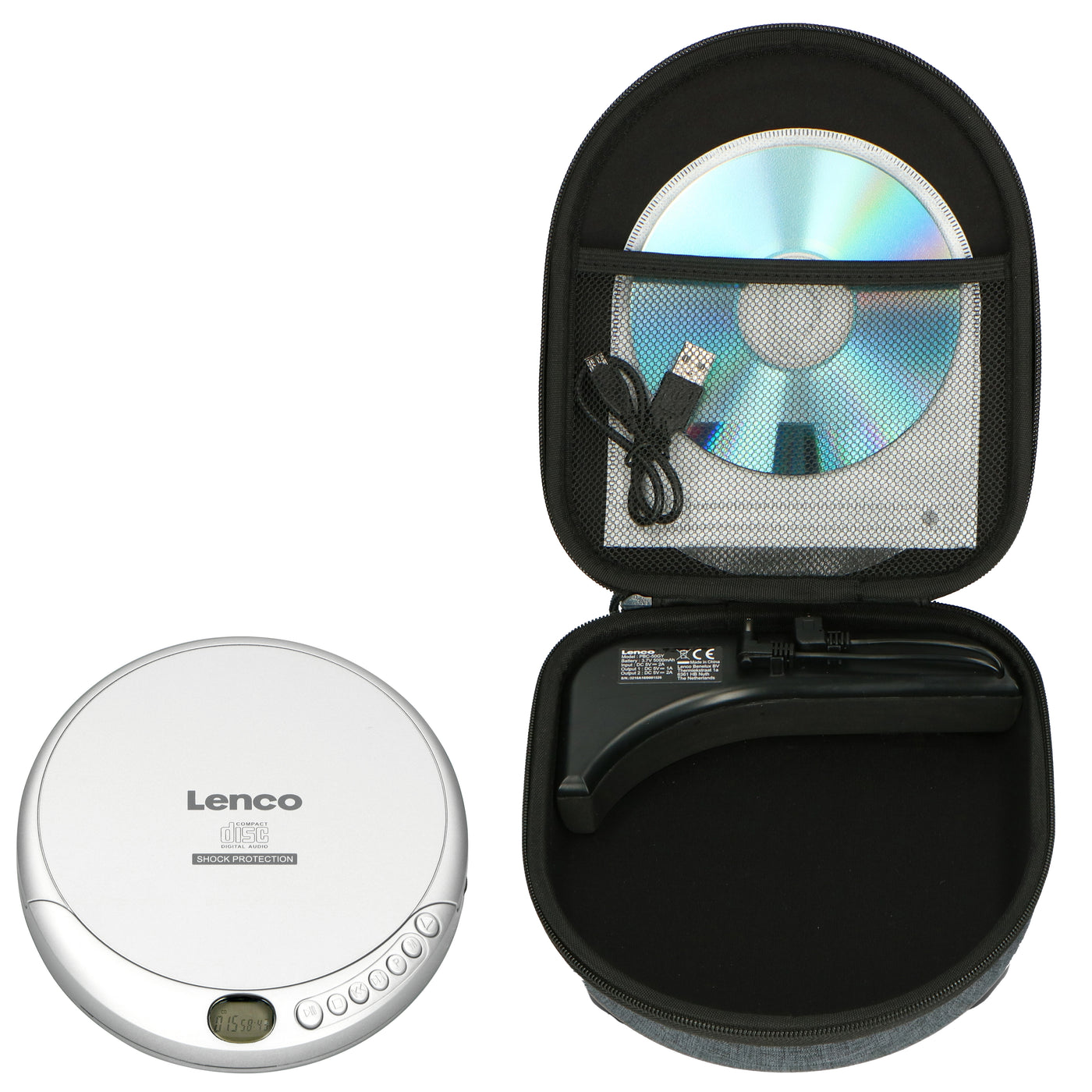 Lenco CD-201SI+PBC-50GY - Lecteur CD/MP3 portable avec protection anti-choc et étui de rangement pratique avec powerbank intégrée - Argent/Gris