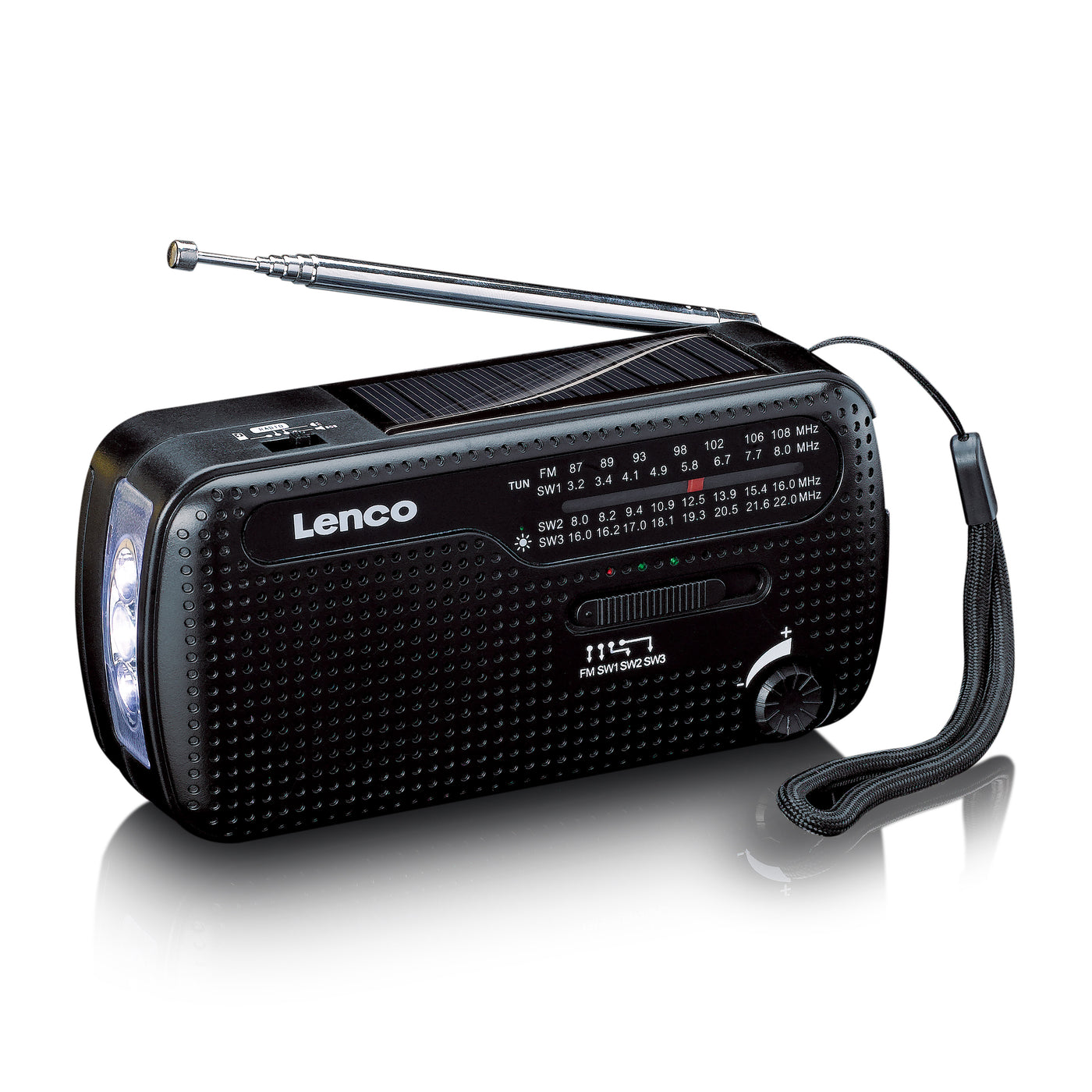 Lenco MCR-113BK - Radio d'urgence portable à manivelle, lampe de poche et banque d'alimentation en un seul appareil - Noir