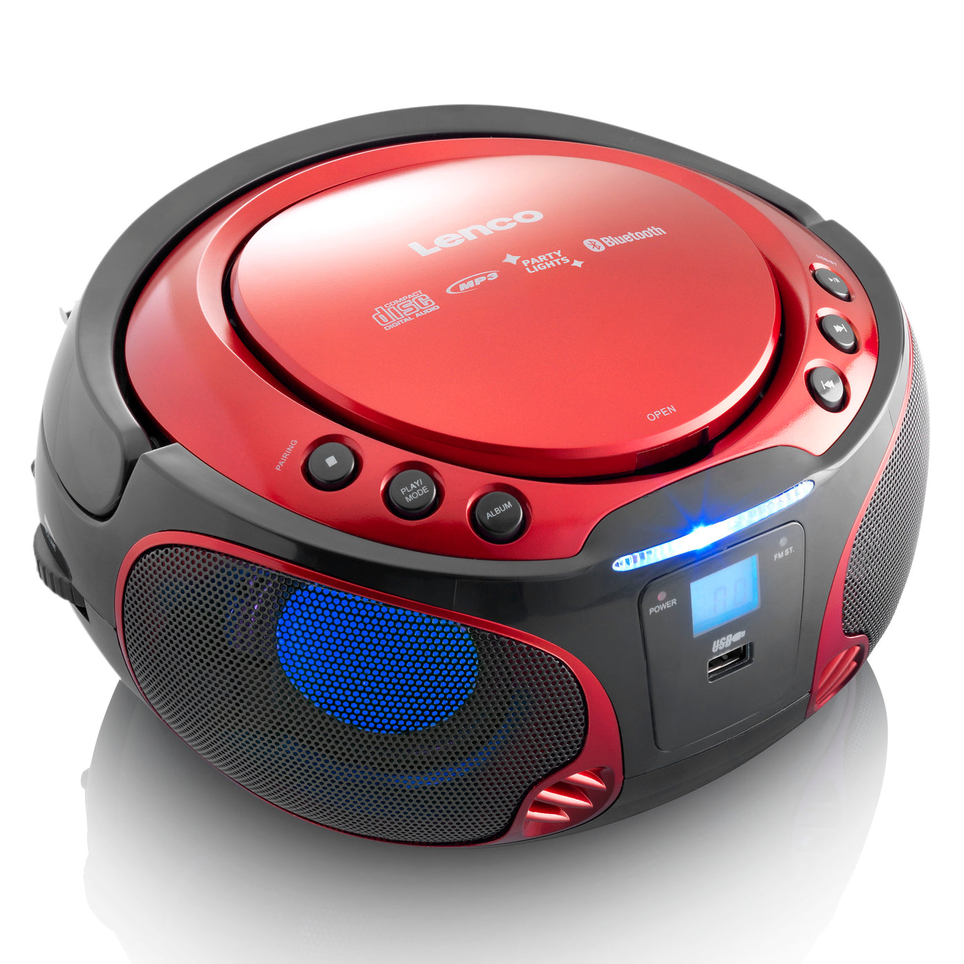 Lenco SCD-550RD - Radio FM et lecteur CD/MP3/USB/Bluetooth® portable avec éclairage LED - Rouge