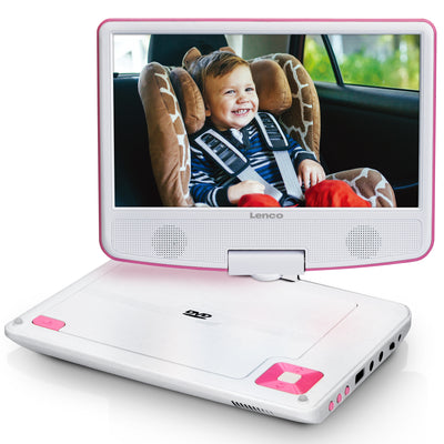 Lenco DVP-910PK - Lecteur DVD portable de 9 pouces avec casque, port USB et dispositif de suspension - Rose/blanc