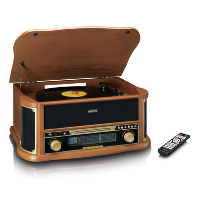 Classic Phono TCD-2551WD - Platine vinyle rétro en bois avec Bluetooth®, radio AM/FM, encodage USB, lecteur CD, lecteur de cassette et haut-parleurs intégrés - Bois