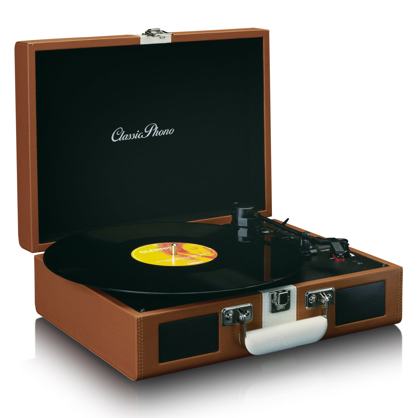 Classic Phono TT-120BNWH - Platine vinyle avec Bluetooth®, haut-parleurs intégrés et batterie rechargeable intégrée - Marron/Blanc