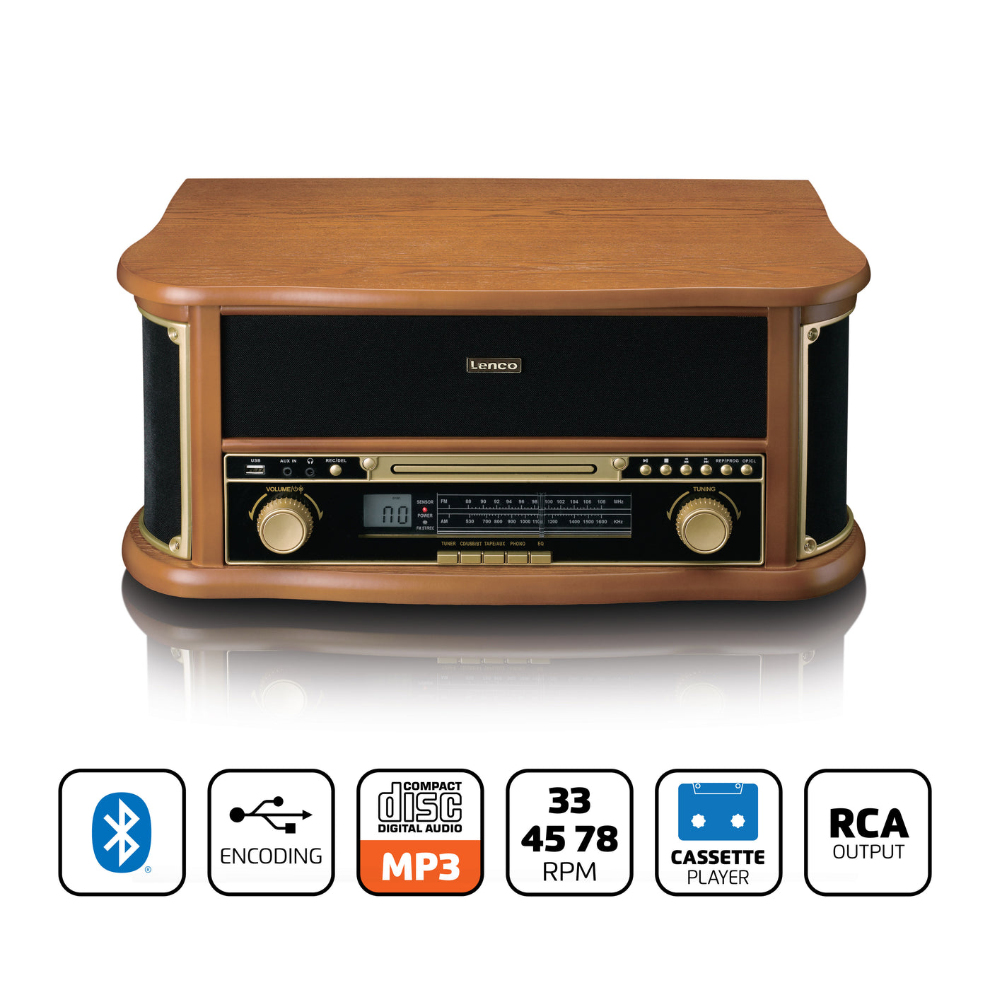 Classic Phono TCD-2551WD - Platine vinyle rétro en bois avec Bluetooth®, radio AM/FM, encodage USB, lecteur CD, lecteur de cassette et haut-parleurs intégrés - Bois