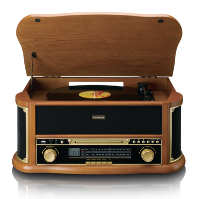 Classic Phono TCD-2551WD - Platine vinyle rétro en bois avec Bluetooth®, radio AM/FM, encodage USB, lecteur CD, lecteur de cassette et haut-parleurs intégrés - Bois