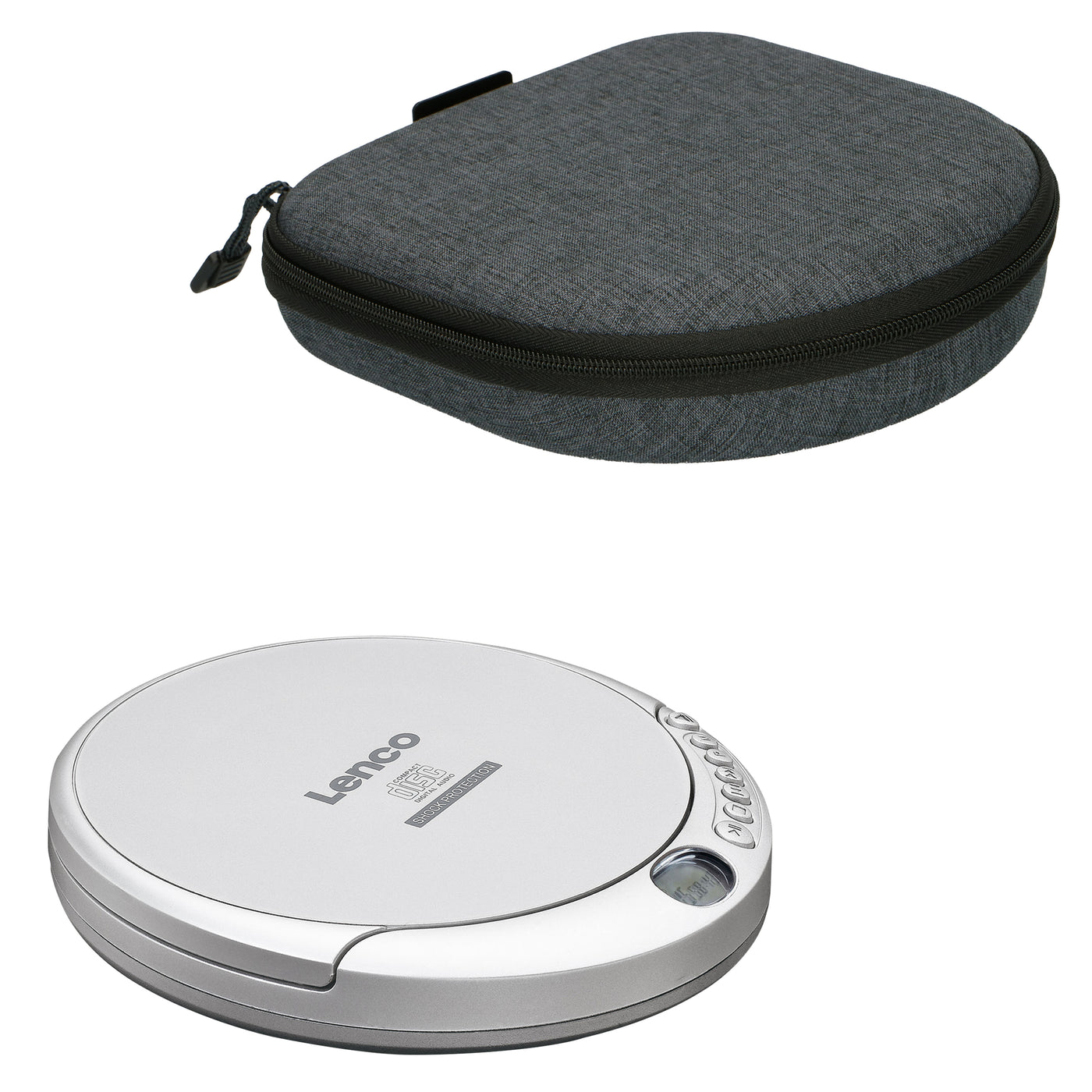 Lenco CD-201SI+PBC-50GY - Lecteur CD/MP3 portable avec protection anti-choc et étui de rangement pratique avec powerbank intégrée - Argent/Gris