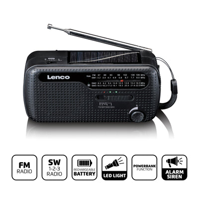 Lenco MCR-113BK - Radio d'urgence portable à manivelle, lampe de poche et banque d'alimentation en un seul appareil - Noir