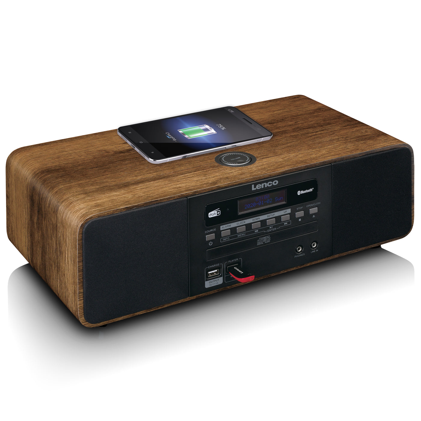 Lenco DAR-051WD - Radio stéréo DAB+/ FM, CD, 2 USB, Bluetooth®, QI, télécommande