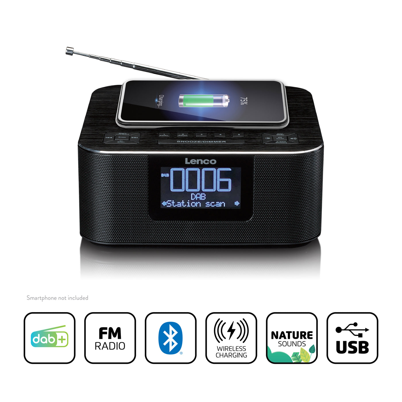 Lenco CR-650BK - Radio-réveil DAB+/ FM avec fonction Bluetooth® et chargeur sans fil, noir