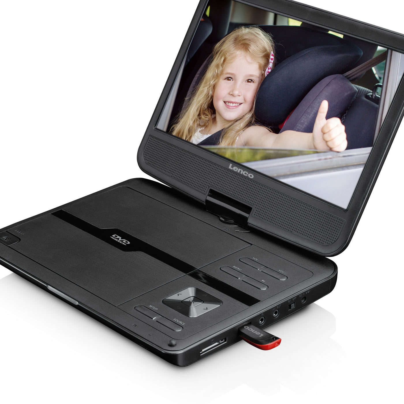 Lenco DVP-1010BK - Lecteur DVD portable de 10 pouces avec connexion USB, casque et dispositif de suspension