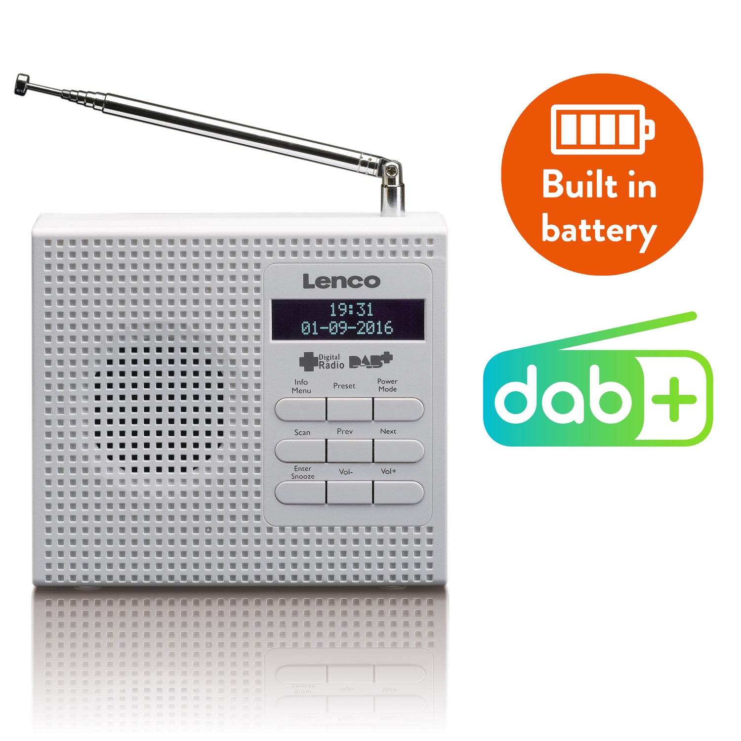 Lenco PDR-020WH - Radio DAB+/FM portable avec fonction réveil - Blanc