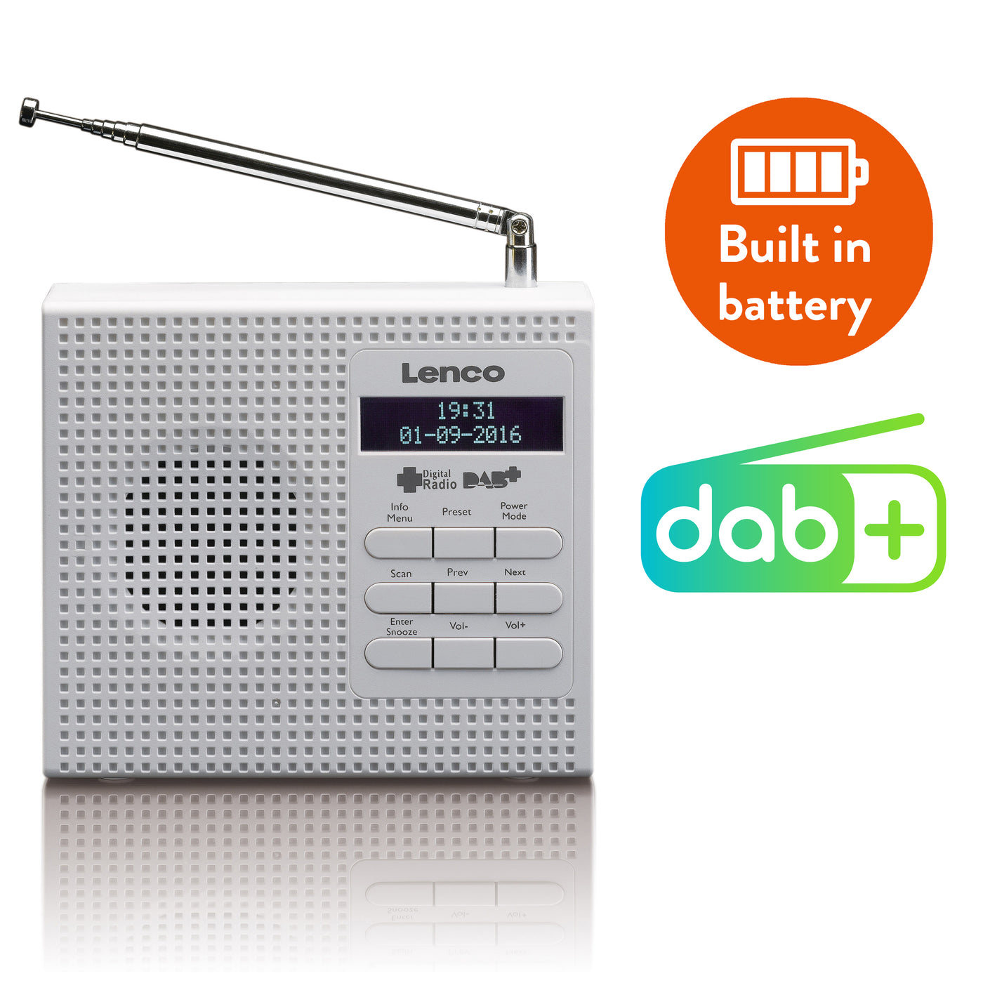 Lenco PDR-020WH - Radio DAB+/FM portable avec fonction réveil - Blanc