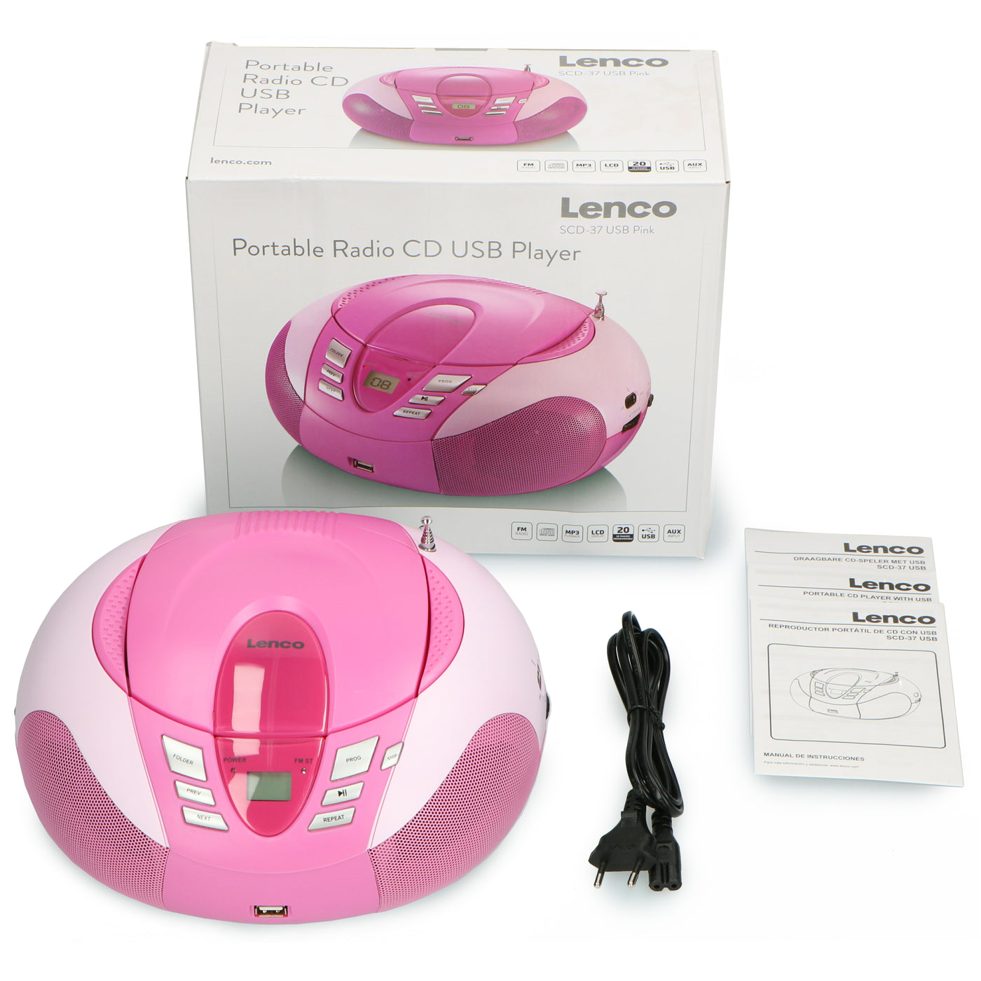 Lenco SCD-37 USB Pink - Radio FM et lecteur CD/USB portable - Rose