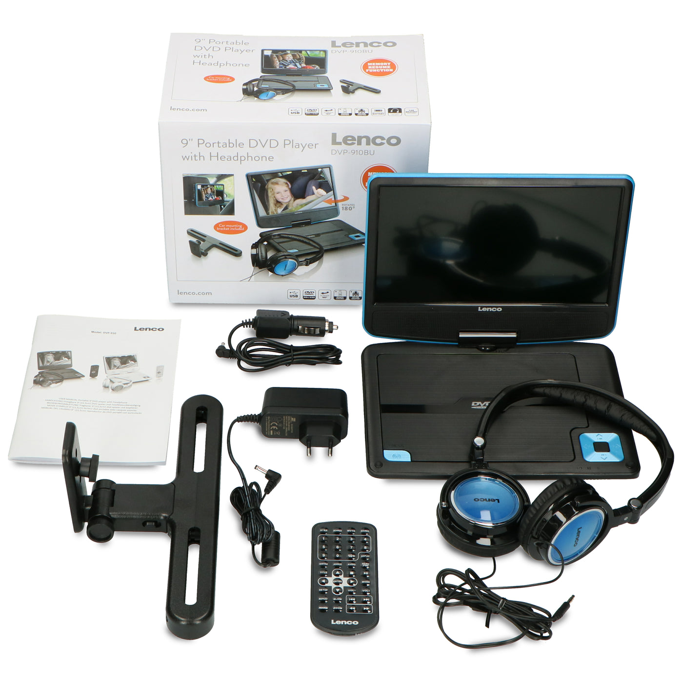 Lenco DVP-910BU - Lecteur DVD portable de 9 pouces avec casque, port USB et dispositif de suspension - Bleu/noir