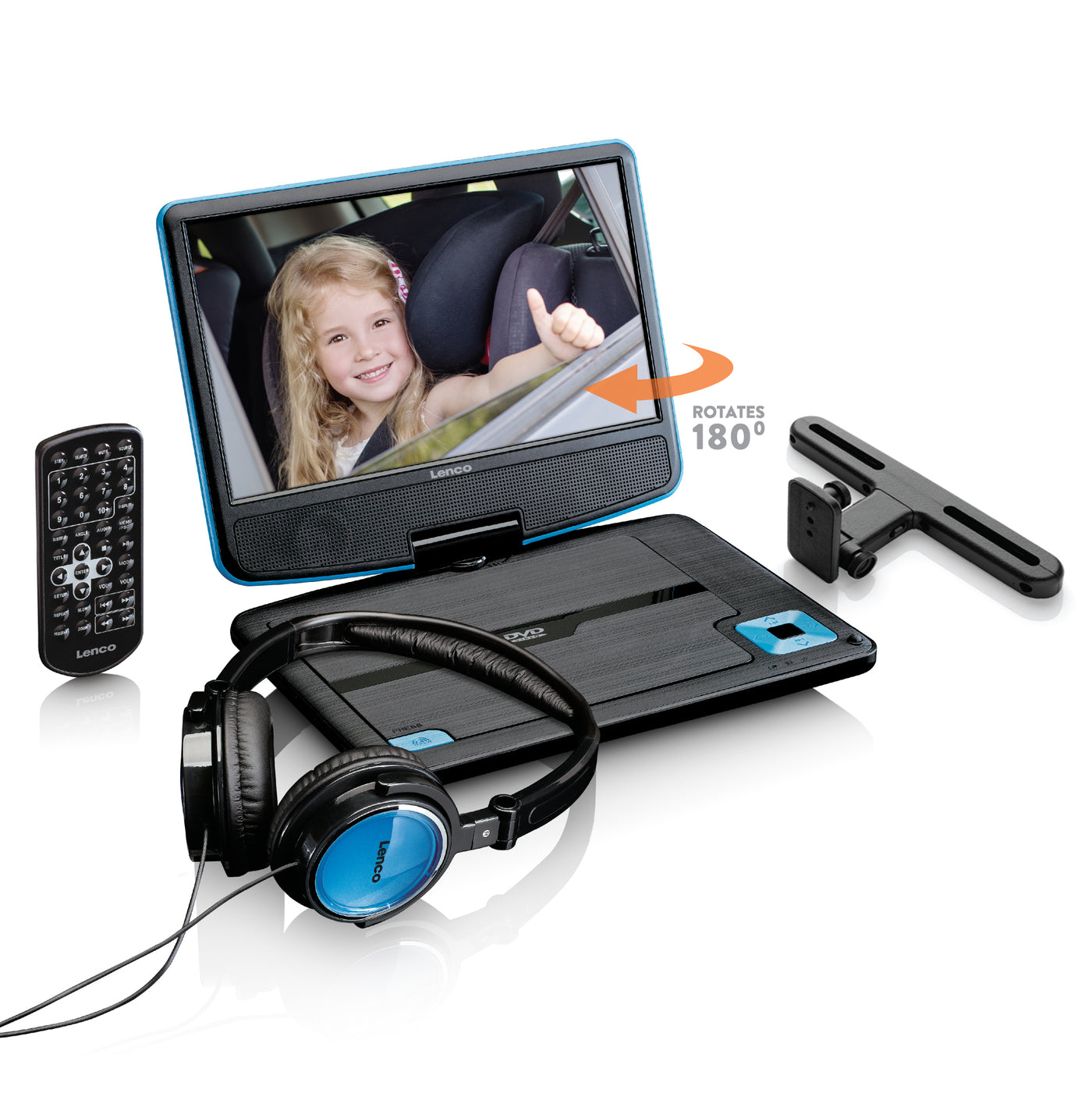 Lenco DVP-910BU - Lecteur DVD portable de 9 pouces avec casque, port USB et dispositif de suspension - Bleu/noir