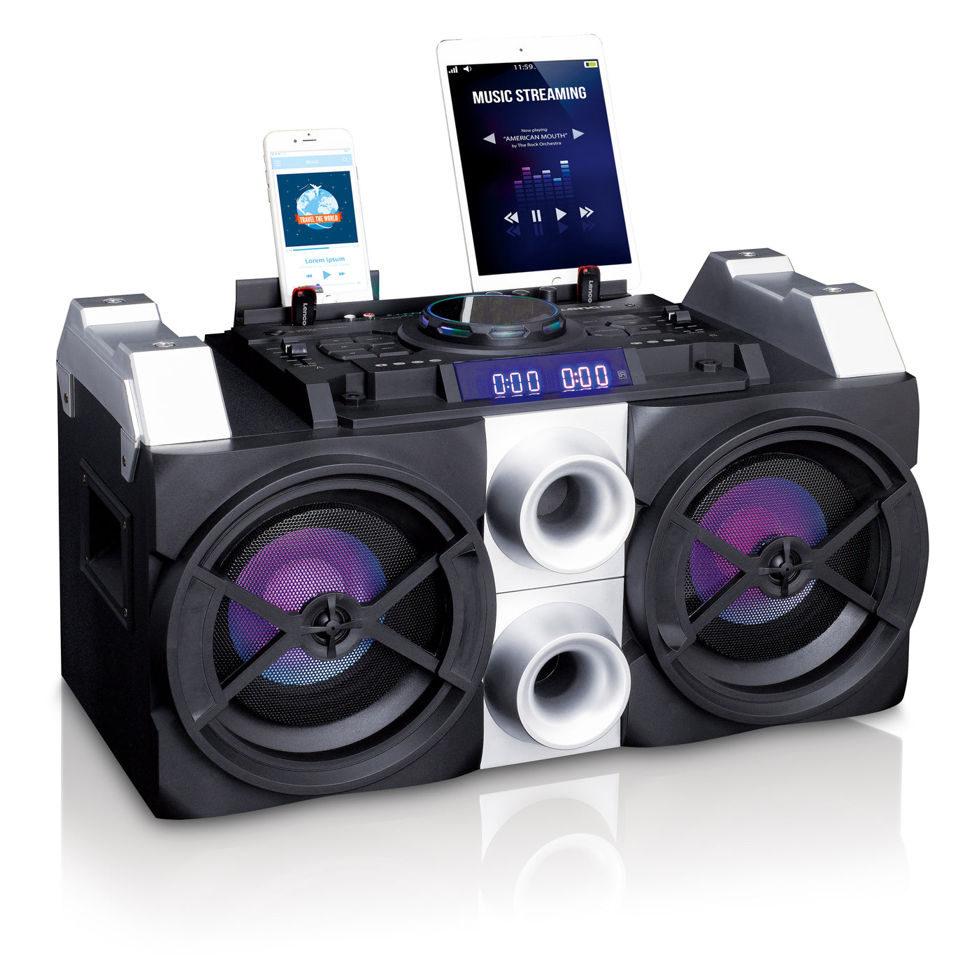 Lenco PMX-150 - Enceinte/table de mixage DJ haute puissance avec Bluetooth®, USB, radio FM et éclairages - Noir