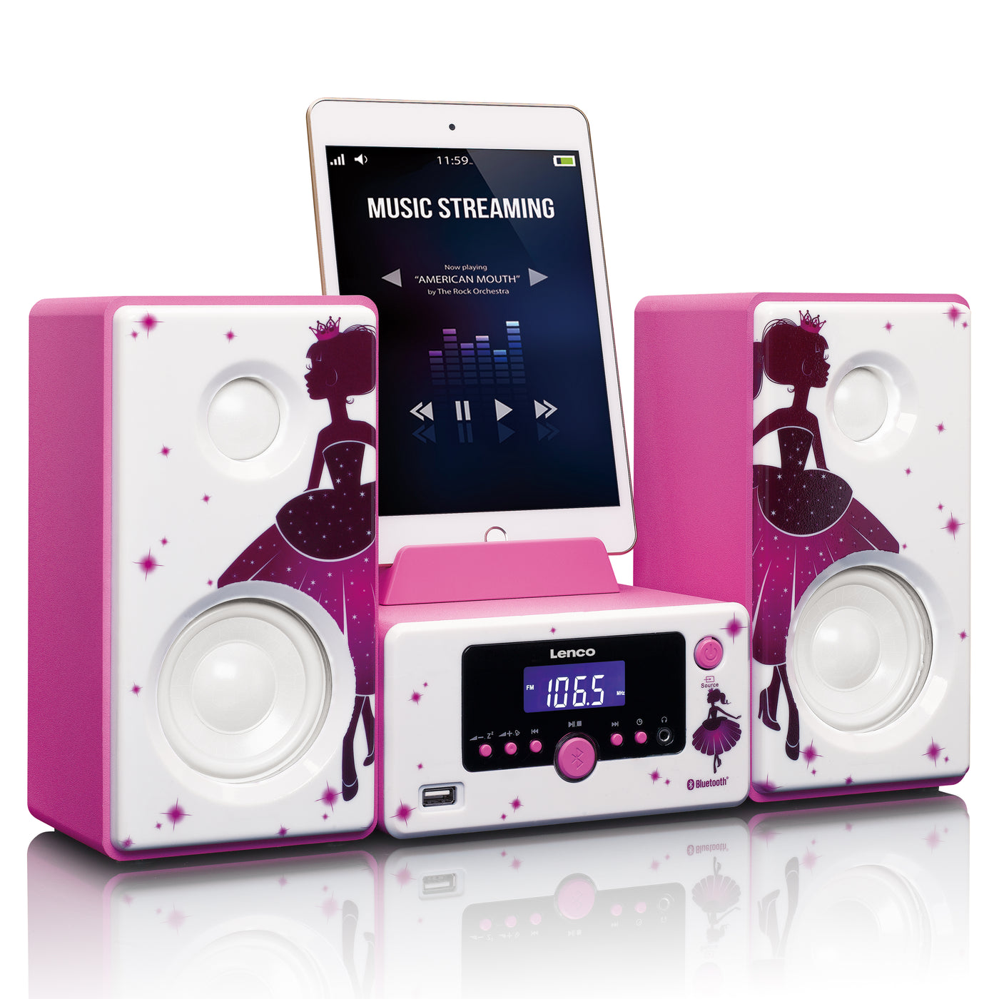 Lenco MC-020 Princess - Mini-chaîne avec radio FM, Bluetooth®, USB et entrée AUX - Princesse